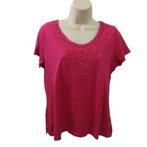Lands' End Womens T-Shirt Sz Medium Pink V-Neck Lace Short Sleeve 100% Cotton